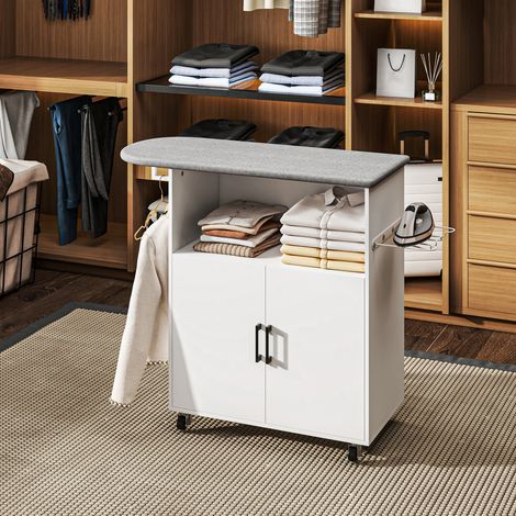 Blanche - Armoire à repasser avec barre linge, porte-fer, étagère ouverte, roues freinées, tablette ajustable, buanderie, 125x43,5x102,5 cm