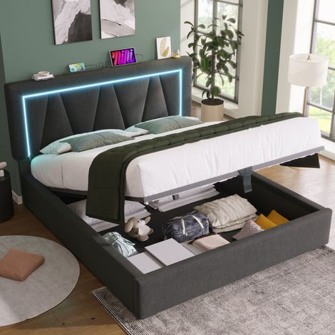 Lit double moderne 140x200 cm en lin gris avec tête de lit réglable, LED, USB-C et coffre de rangement (1/5)