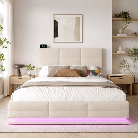 Lit coffre 160x200 en velours beige, tête de lit réglable, LED et USB/Type-C HAVRYA (1/5)