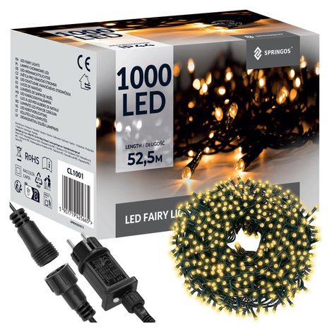 Lichterkette mit 1000 LEDs 8 Modi Warmweißes Licht 52,5 m Strombetrieben grünes Kabel