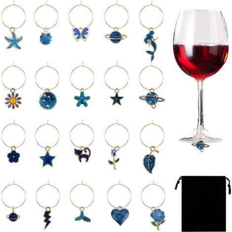 20 Marqueurs de Verre à Vin, Charmes de Verre à Vin en Alliage de Zinc, Décoration de Fête, 20 Designs Bleus (1/5)