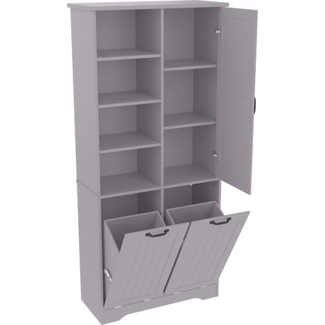 Armoire de salle de bain grise en MDF 78 x 35 x 172 cm avec double panier à linge et étagères réglables (1/5)