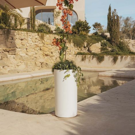 HORTENSIA 40 High Macetero Redondo y Alto de Interior y Exterior Para Plantas y Flores Muy Resistente al Paso del Tiempo. Hecho de Polietileno en España - Blanco
