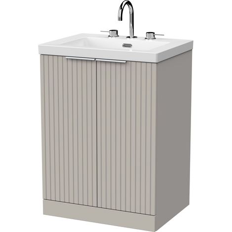 Callingwood Contemporary Floor Standing 2 Door Vanity Unit with 3 Tap Hole Fireclay Basin , 600mm, Pebble Grey