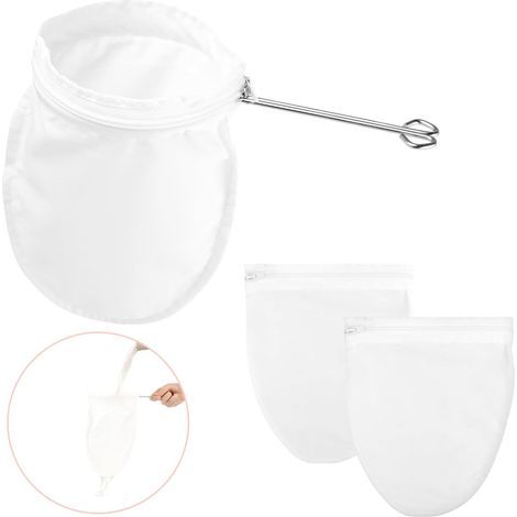 Set of 3 reusable fine mesh filter bags with stainless steel handles for filtering nuts, milk, coffee, Thai tea, fruit juices, honey, wine, oil (1/5)