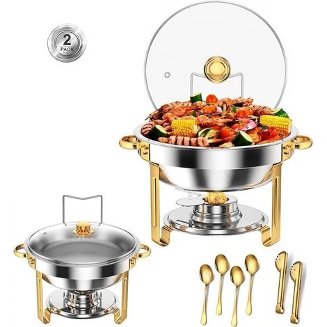 Lot 2 chauffe-plats rond 4,73 L acier inox couvercle verre pour banquet (1/5)