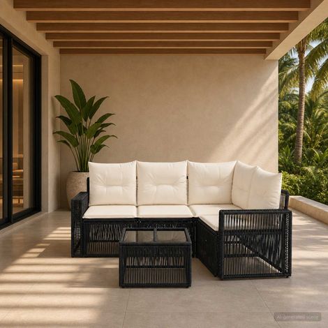 vidaXL Conjunto de sofás de jardín 5 uds. 4 plaza Negro y Blanco Crema (1/5)