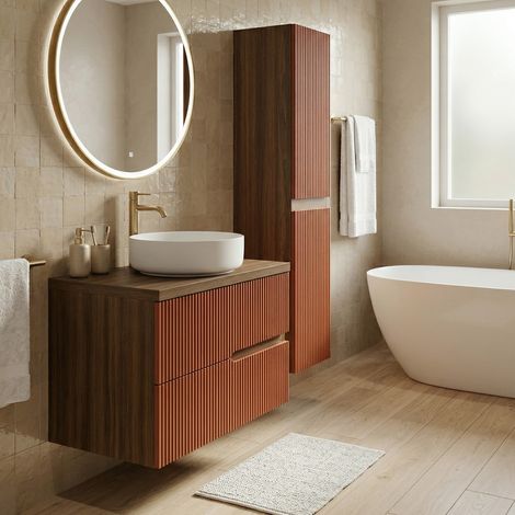 Ensemble meuble vasque à poser L.80cm + 1 colonne suspendu Chêne Moka 2 tiroirs Brique cannelé EVA (1/5)