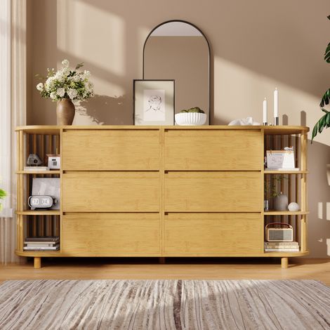 Buffet 6 tiroirs 160x40x75 cm, niches latérales à 3 niveaux en bambou, façades sans poignées, 2 pieds centraux réglables, MDF effet chêne (1/5)
