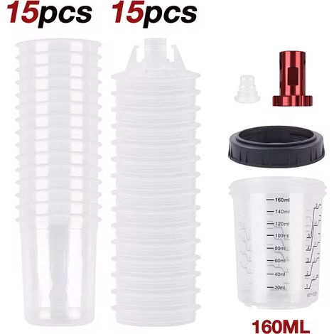 Ensemble de 15 godets intérieurs + ensemble de flacons de peinture jetables pour pistolet à peinture avec godet de peinture lavable remplaçable de 160 ml.