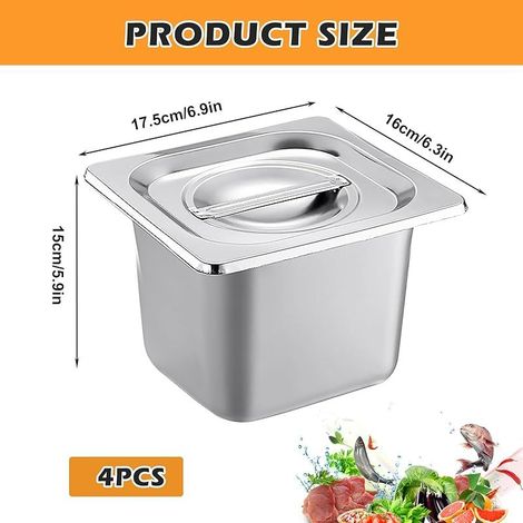Lot de 4 bacs gastro inox GN 1/6 – hauteur 15 cm – bac inox alimentaire avec couvercle, bac gastro pour stockage alimentaire professionnel (1/5)