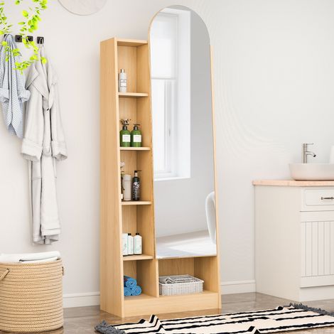 REDOM - Armadio contenitore 60x28x165 cm, specchio intero curvo, ripiani regolabili, vani aperti, MDF naturale (1/5)