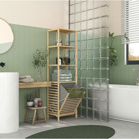 Scaffale da bagno in bambù 44 x 33 x 160 cm con 3 ripiani e cesto ribaltabile OKWISH (1/5)
