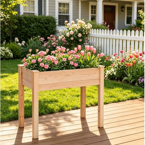 Orto rialzato 86x46x76 cm in legno di abete naturale con drenaggio per esterni – MEUBLIV (1/5)