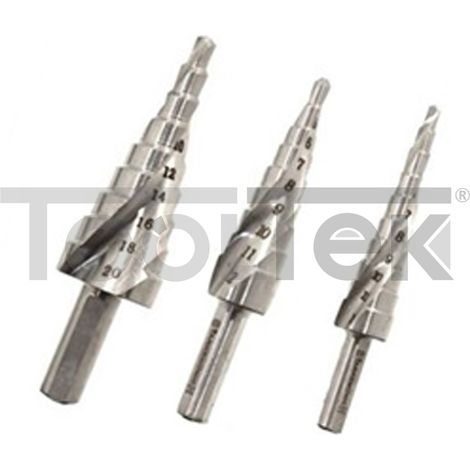 SET FRESE 3pz CONICHE ALLARGAFORI A GRADINO ACCIAIO 3-20mm