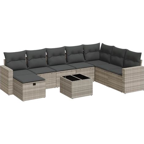 Set muebles jardín 9 pzas y cojines ratán sintético gris claro vidaXL (1/5)