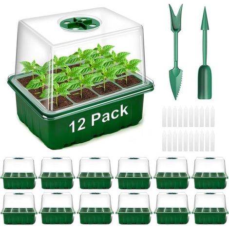 Mini Serre pour Plantes, 12 Pièces 144 Cellules Intérieure Plateau Semis avec couvercles rehaussés, Vert (1/4)