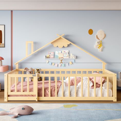 Lit enfant 90x190 cm avec rampe verrouillable, barrière de sécurité, structure en pin naturel, barre de maison
