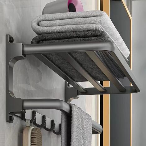 Porte-Serviettes sans perçage - Noir - Porte Serviettes de Salle de Bain - Montage Mural - avec 5 Crochets pour Serviettes de Bain, 58cm (1/5)