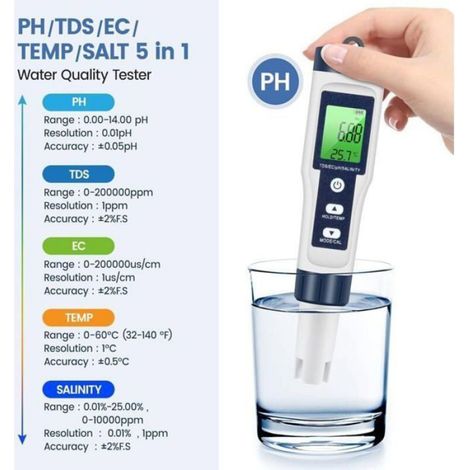 PH TDS Meter, testeur de qualité de l'eau 5 en 1 PH/TDS/EC/SEL/température TDS mètre LCD rétroéclairage vert pour piscine/aquarium (1/4)
