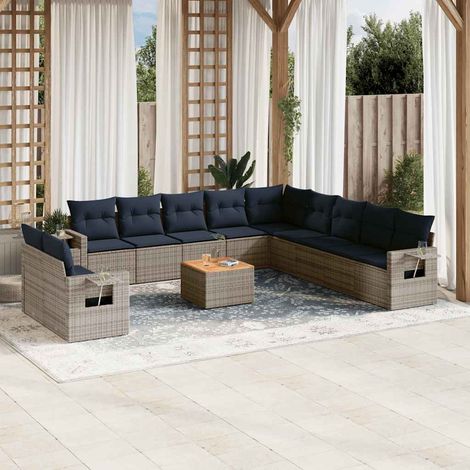 Salon de Jardin 12 Pièces Canapé Modulable en Résine Tressée Grise et Coussins Bleu Marine - PANGIVO (1/5)