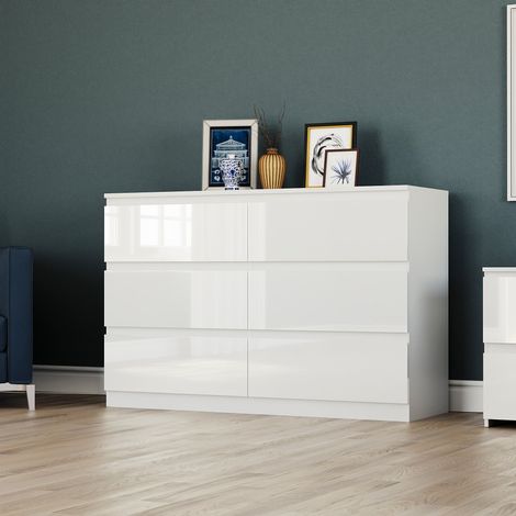 Glinton Commode 6 tiroirs haute brillance meuble de rangement pour chambre FSC 100% H 77 x L 120 x P 40 cm, Blanc (1/5)