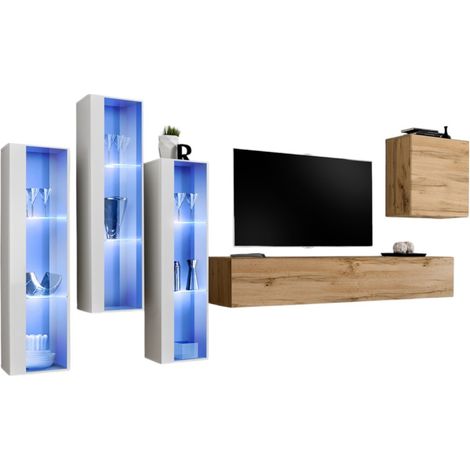 Composizione murale SWITCH XIII – Mobile TV, vetrine LED e cubo – Rovere Wotan e bianco – Design moderno