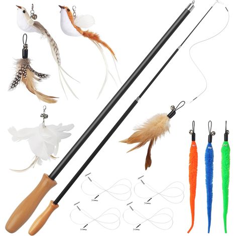 14 pièces Jouet Chat, plumeau Chat Ensemble Contient 2 Longues Canne à pêche Chat(42-110 cm), 4 Lignes de pêche, 2 Oiseaux, 3 Plumes et 3 vers. Jouet Chat interactif avec Cloche (1/5)