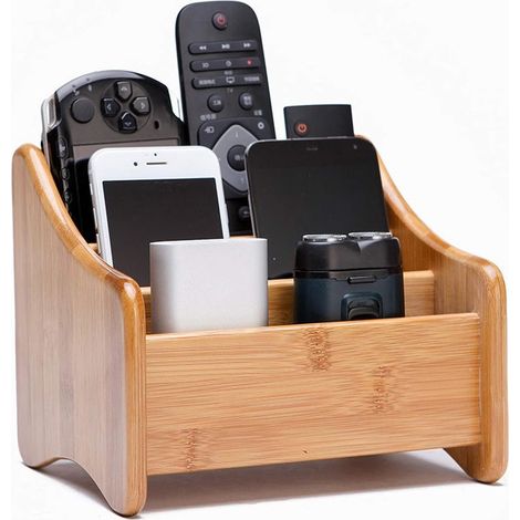 Boîte de Rangement en Bambou, Organisateur de Télécommande 3 Compartiments, Range-Cosmétiques en Bois pour Bureau et Salon (1/4)