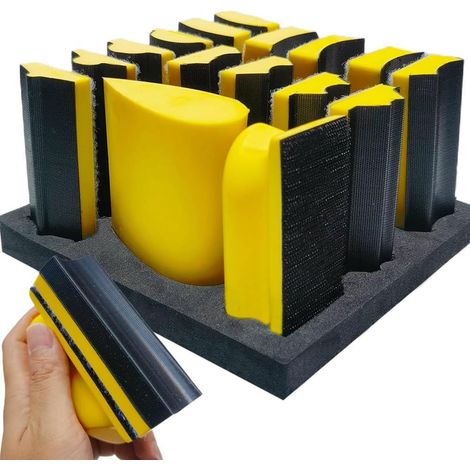 Lot de 16 blocs de ponçage à la main – Crochet et boucle, matériau en mousse souple et durable, assortiment de patins de ponçage avec plaque de support, durable, facile à installer (1/5)