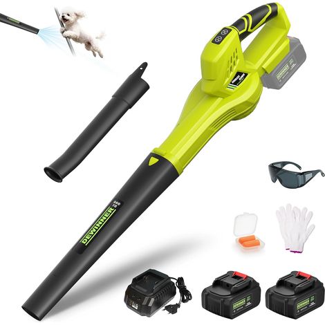 Dewinner – Souffleur de feuilles sans fil – Moteur sans balais 210 km/h – 2 batteries 4.0Ah – 6 vitesses réglables – Kit complet pour nettoyage professionnel