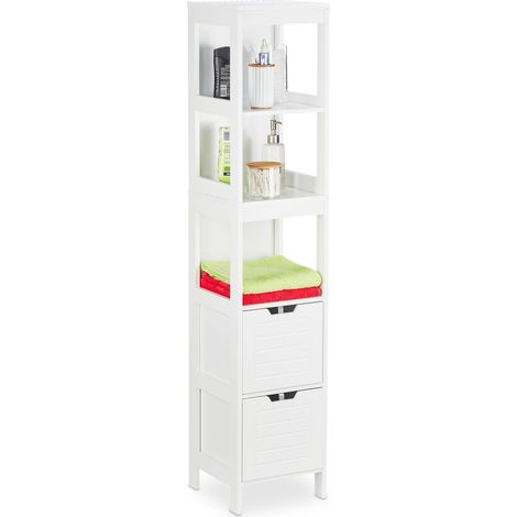 Relaxdays Badezimmerschrank, Landhausstil, HBT: 144 x 30 x 30 cm, 2 Schubladen, 3 Ablagen, freistehend, Badregal, weiß (1/5)