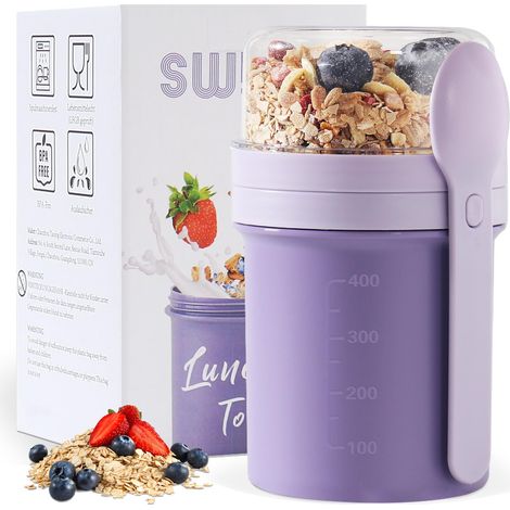 Gobelet à emporter - 450 ml + 250 ml - Gobelet à yaourt à emporter avec cuillère - Gobelet à céréales à emporter pour céréales et yaourt - Anti-fuite - Pot à déjeuner (violet vif) (1/5)