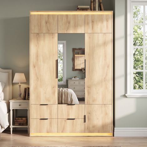 MODFU – Armario 135x47x200 cm de MDF con espejo, LED, 4 cajones, ropero, 3 puertas y carga 30/20 kg – Roble (1/5)