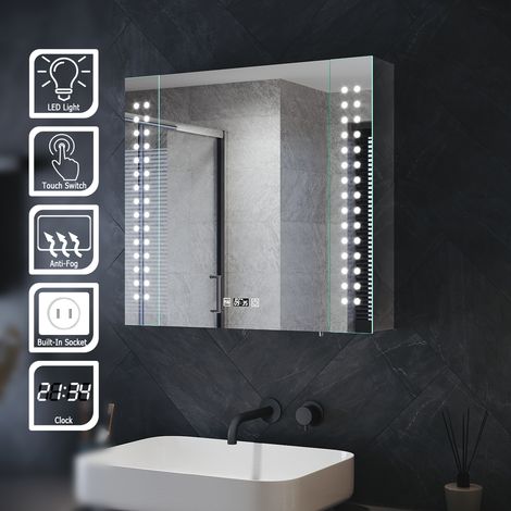 ELEGANT Bathroom Illuminated Mirror Cabinet Stainless Steel Storage with LED Lights Shaver Scocket Demester Pad Glass Shelves Clock Dispaly 2 Door Design 650 x 600 x 130 mm (1/6)