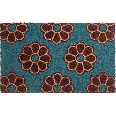 Beliani Doormat Blue Coir 45 x 75 cm Welcome Anti-Slip PVC Backing Floral Fabric, Floral Pattern, Tufted, Pile Height 1.25 cm, Rectangular, 100% Coir KULIK (1/5)