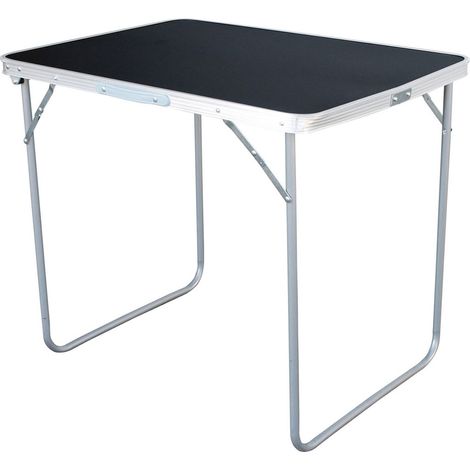 Table de camping pliante noire et blanche avec poignée de transport, en aluminium, disponible en plusieurs tailles.