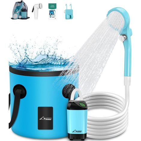 Douche Portable pour Camping, Douche électrique Extérieure Rechargeable avec Affichage Numérique Intelligent, Seau Pliable 20L, Deux Pommeaux de Douche pour Camping, Randonnée, Voyage (Bleu) (1/5)