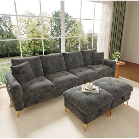 Modulares 4-Sitzer U-Sofa aus Chenille mit 2 Stauraumhockern und Dekokissen Grau (1/5)