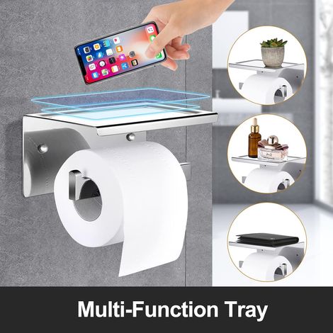 Portarrollos de papel higiénico, rollo de papel higiénico para baño, acero inoxidable SUS304, robusto portarrollos de papel higiénico individual para montaje en pared, con estante para teléfonos móvil (1/4)