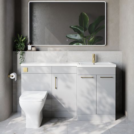 Napoli 390 Gloss Grey Pearl 1500mm 3 Door Vanity Unit Toilet Suite with Right Hand Square Lucia Basin - 1500mm - Brushed Brass 160mm HandleWith Kingston Toilet Pan and Seat