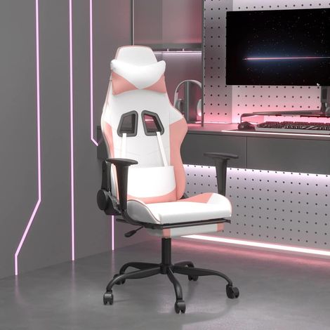 vidaXL Silla gaming masaje y reposapiés cuero sintético blanco y rosa (1/5)