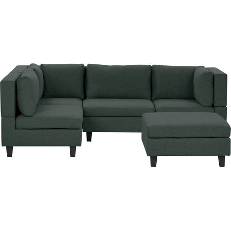 Divano componibile a 4 posti imbottito in tessuto verde scuro gambe nere lato destro con ottomana Unstad
