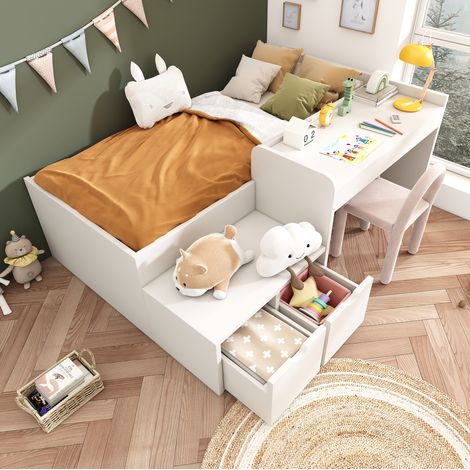 Bett Kinderbett Schreibtisch Bett 90x200 Weiß HAVRYA (1/5)