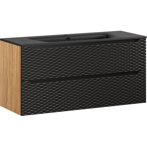 Mueble lavabo individual encastrado 120cm 2 cajones Elora Negro y madera (1/4)