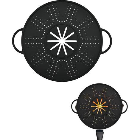 Couvercle Anti-éclaboussures Silicone 1 pièce, Noir, pour poêle/casserole 27cm. Multifonction Anti-débordement & Égouttoir, idéal pour une cuisine propre. (1/4)