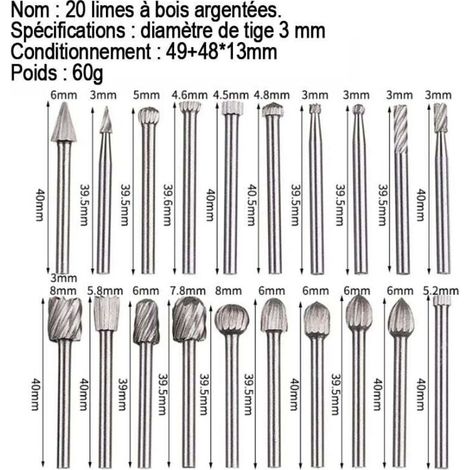 Lime rotative 20 pièces, jeu de limes en carbure,têtes de lime rotatives HSS, outil rotatif,outil rotatif à tige de 1/8" (3 mm) pour meuleuse, travail bois, polissage des métaux, gravure, perçage (1/3)
