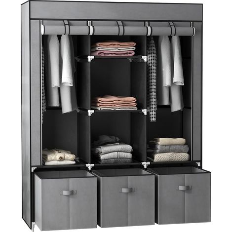 Armoire de Rangement en Tissu penderie Pliable avec 5 étagères, 2 Barres de Suspension et 3 tiroirs en Tissu - 125L x 43l x 162.5H cm, Gris (1/5)