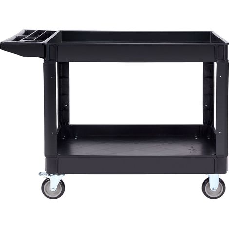 Chariot de service utilitaire, 2 étagères, 249,5 kg, plastique robuste, roulettes pivotantes 360° (2 avec freins), étagère à rebords, poignée ergonomique, pour entrepôt/garage/nettoyage. (1/5)