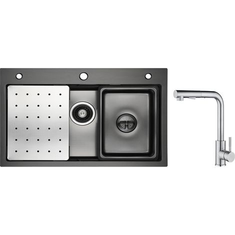 Lavello 1 Vasca Antracite 70×45 cm con Gocciolatoio, Vaschetta e Dosatore Sapone + Miscelatore Cucina Spazzolato con Doccia Estraibile - 2 Getti a Scelta (1/5)